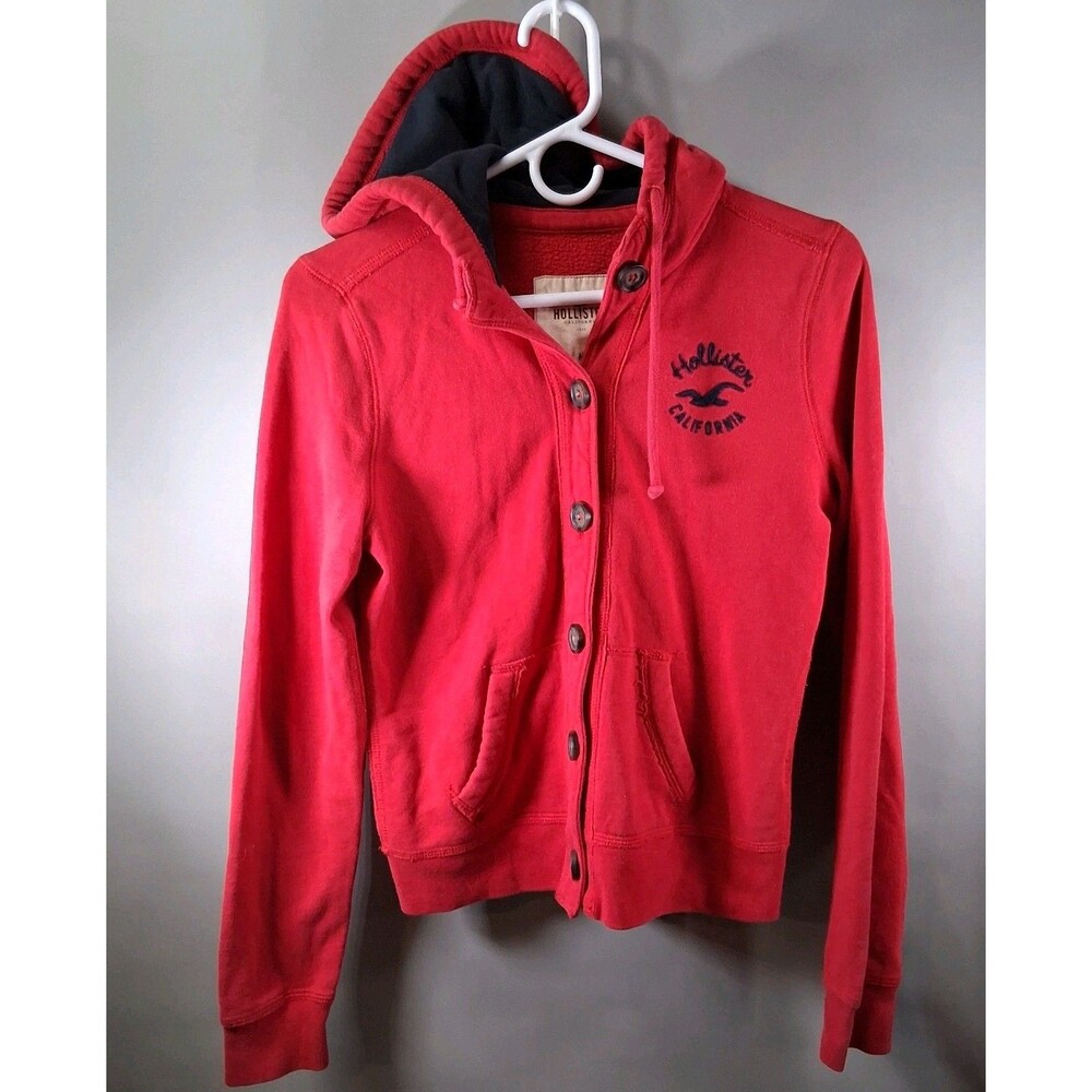 Hollister California Red Button Up Hoodie Fleece Jacket Y2K Style Size M Coastal